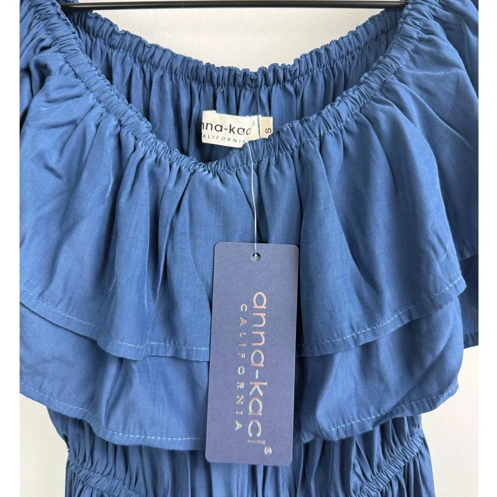Anna-Kaci Blue Ruffle Off Shoulder Smocked Maxi Dress Rayon Cupro Boho S